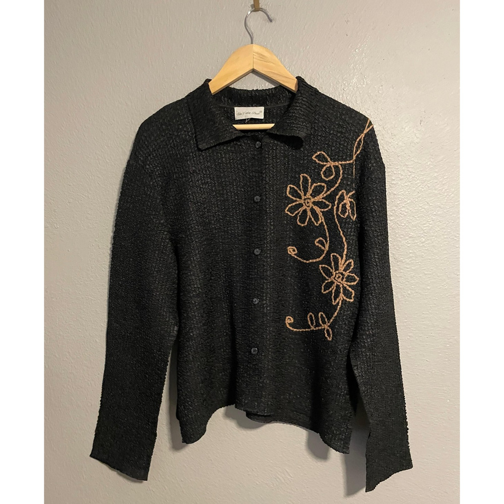 Vintage Top Womens Medium Black Button Floral Embroidered Whimsical Artsy 90s